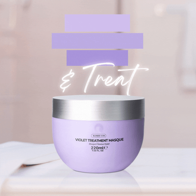 Animated product features graphic for Quick Grow Blonde Icon Violet Treatment Masque 220ml