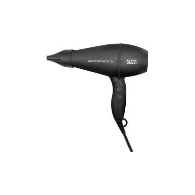 Silver Bullet Supernova Hair Dryer - 2400 Watt, Matt Black. Professional salon hair dryer, Italian-made AC motor, fast drying.