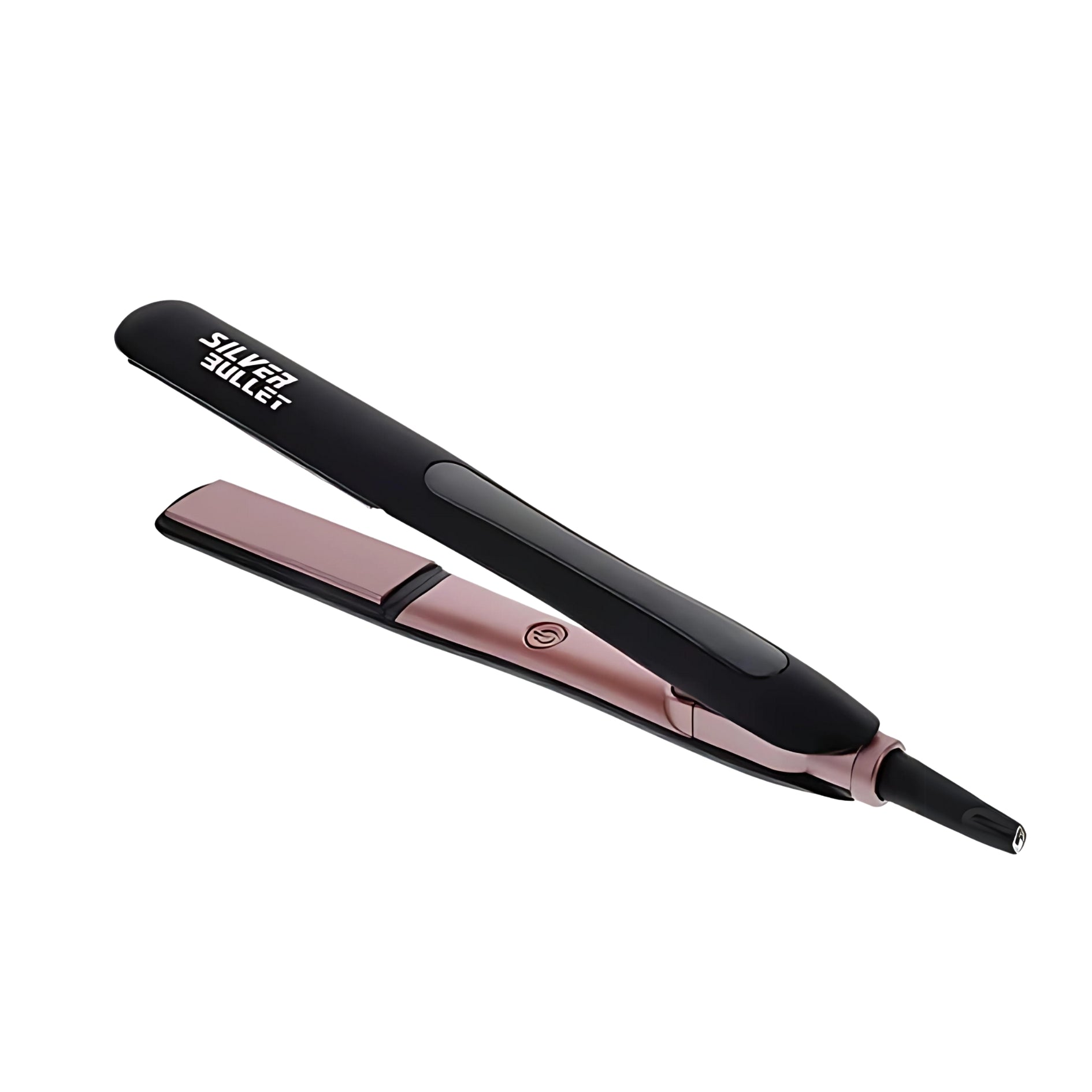 A sleek, rose gold and black Silver Bullet hair straightener is shown angled slightly, against a white background.  The brand name is visible on the black housing.