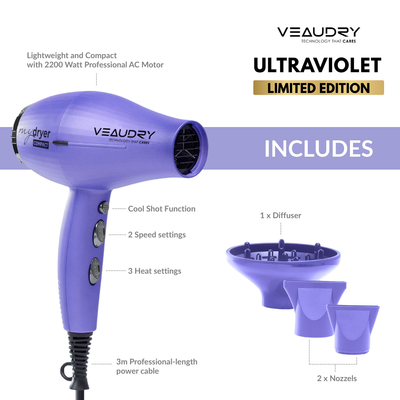 Veaudry MyDryer Purple Hair Dryer: Compact, Professional with Diffuser & Nozzles. Limited Edition Ultraviolet Hair Tool