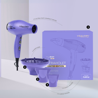 Veaudry MyDryer Ultra Violet Limited Edition Hair Dryer Kit: Compact, Fast Drying, Styling Attachments Included