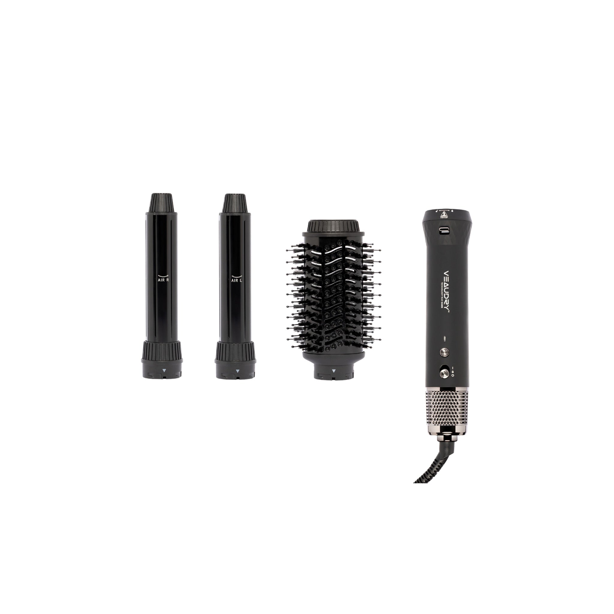 Veaudry myAirStyler with dual barrels, round brush, and corded styling wand.