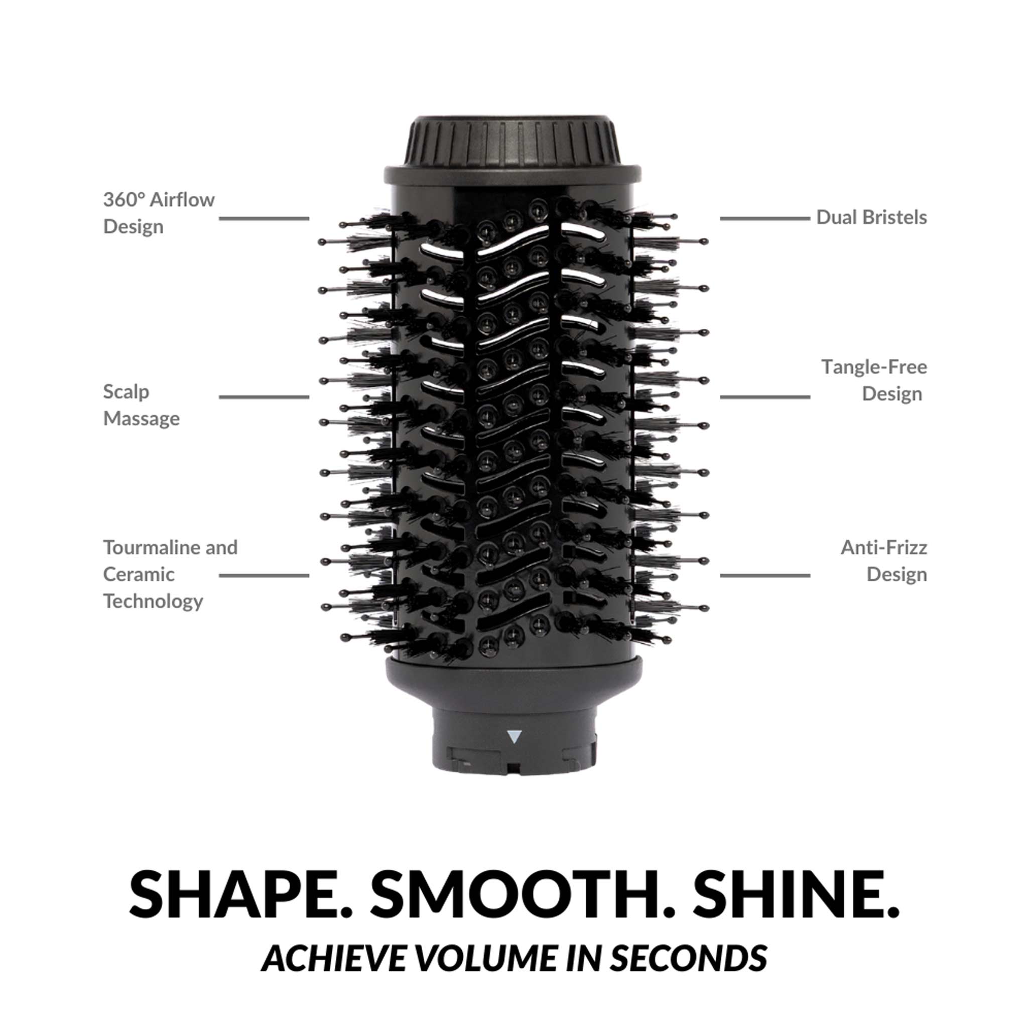 Veaudry myAirStyler brush with 360° airflow, dual bristles for quick drying, smoothing, and curling.