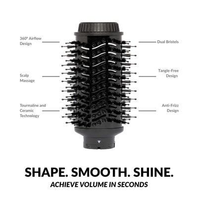 Veaudry myAirStyler brush with 360° airflow, dual bristles for quick drying, smoothing, and curling.