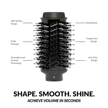 Veaudry myAirStyler brush with 360° airflow, dual bristles for quick drying, smoothing, and curling.