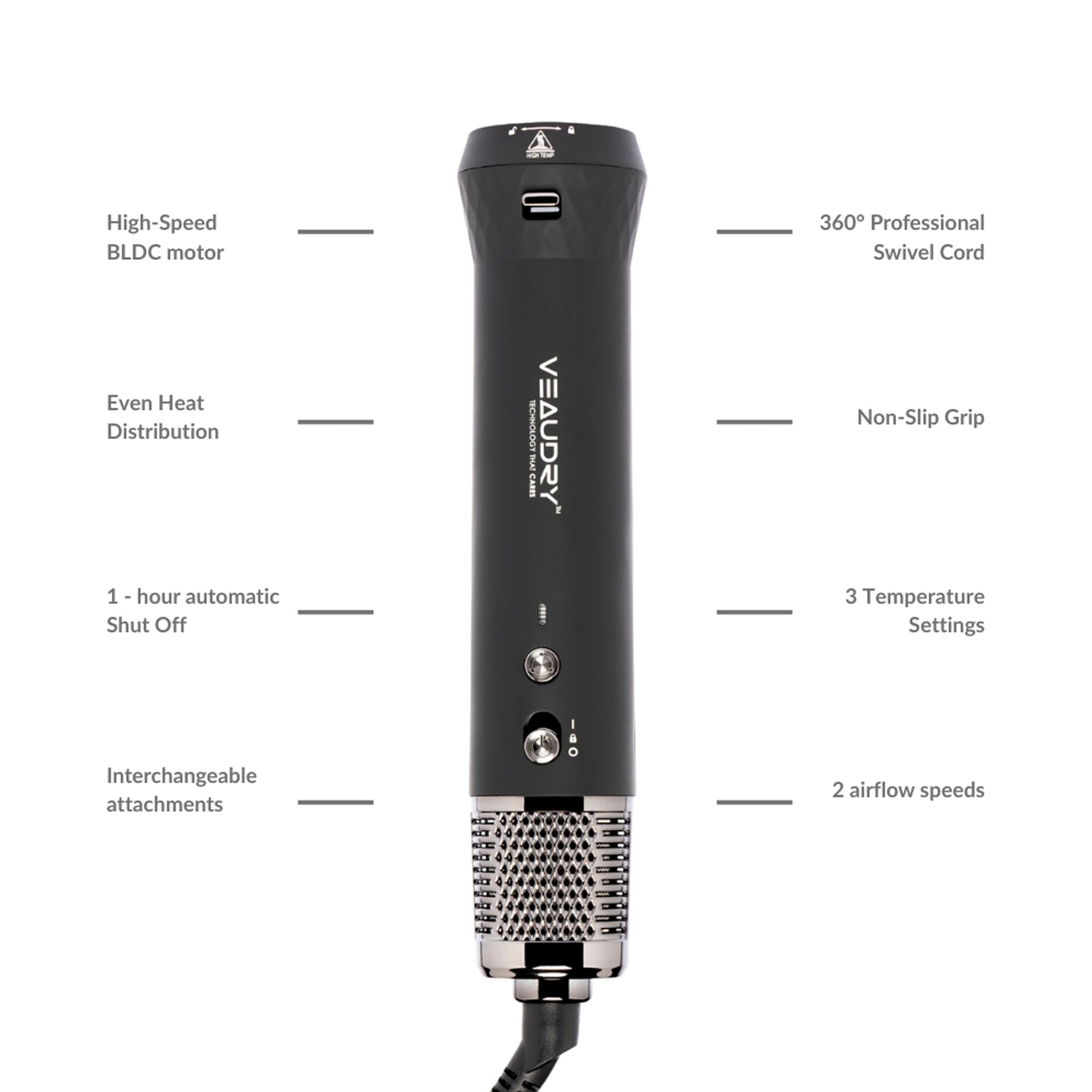 Veaudry myAirStyler 2-in-1 styling tool with 360° swivel cord and interchangeable attachments.