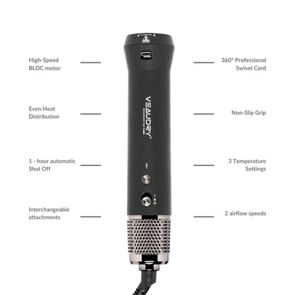 Veaudry myAirStyler 2-in-1 styling tool with 360° swivel cord and interchangeable attachments.