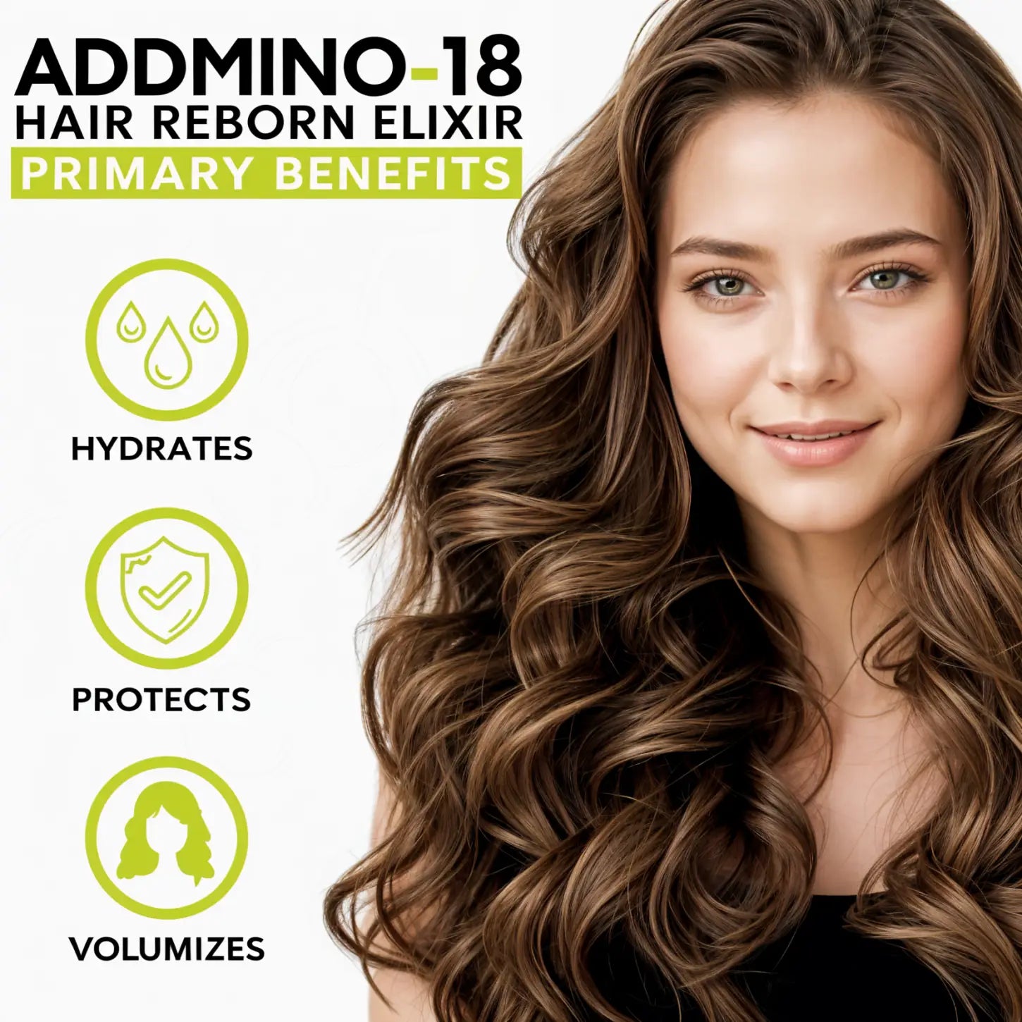 Advertisement for a hair care product called Addmino 18 Hair Reborn Elixir, featuring a woman with long, wavy brown hair and listing primary benefits of hydration, protection, and volumizing.