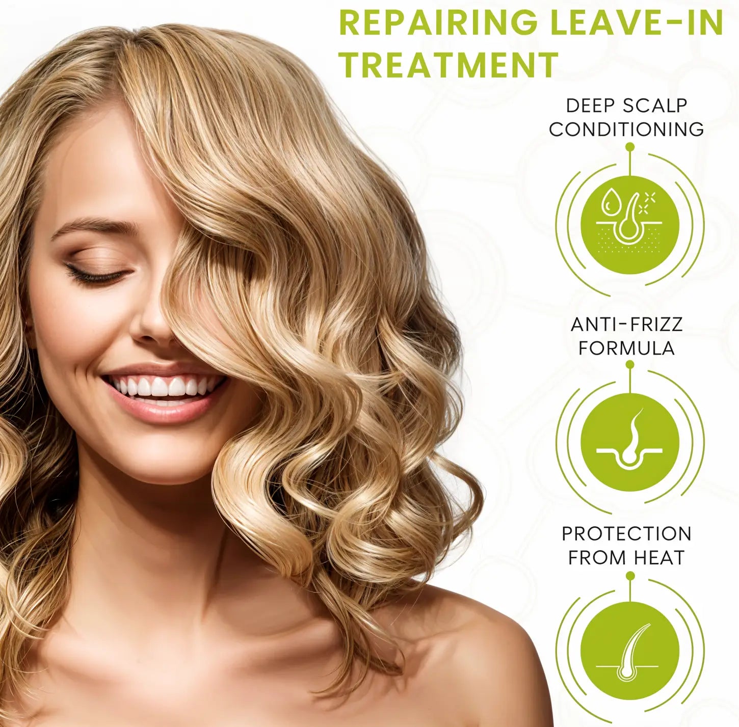 Smiling woman with wavy blonde hair alongside hair treatment infographic.