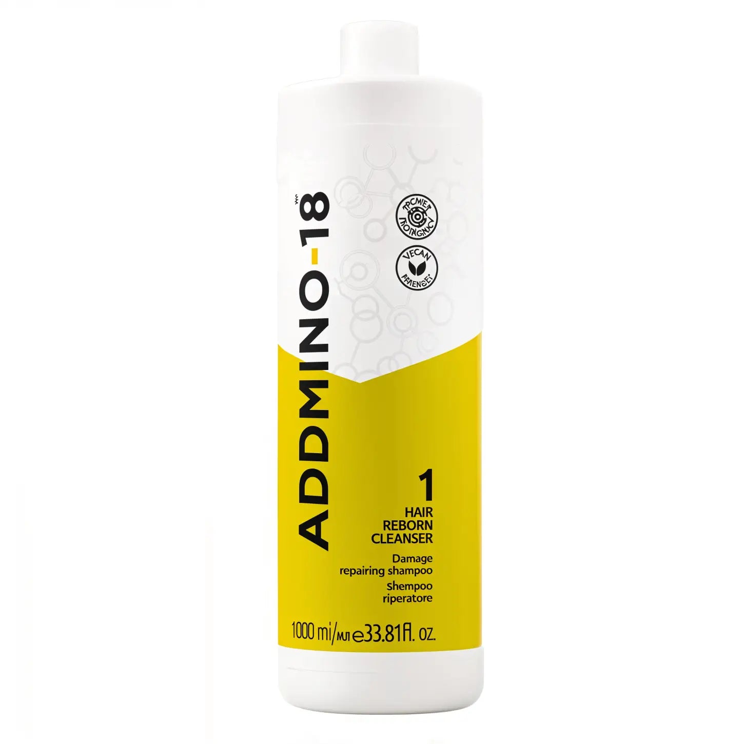 White bottle of Addmino 18 hair cleanser with yellow accents.