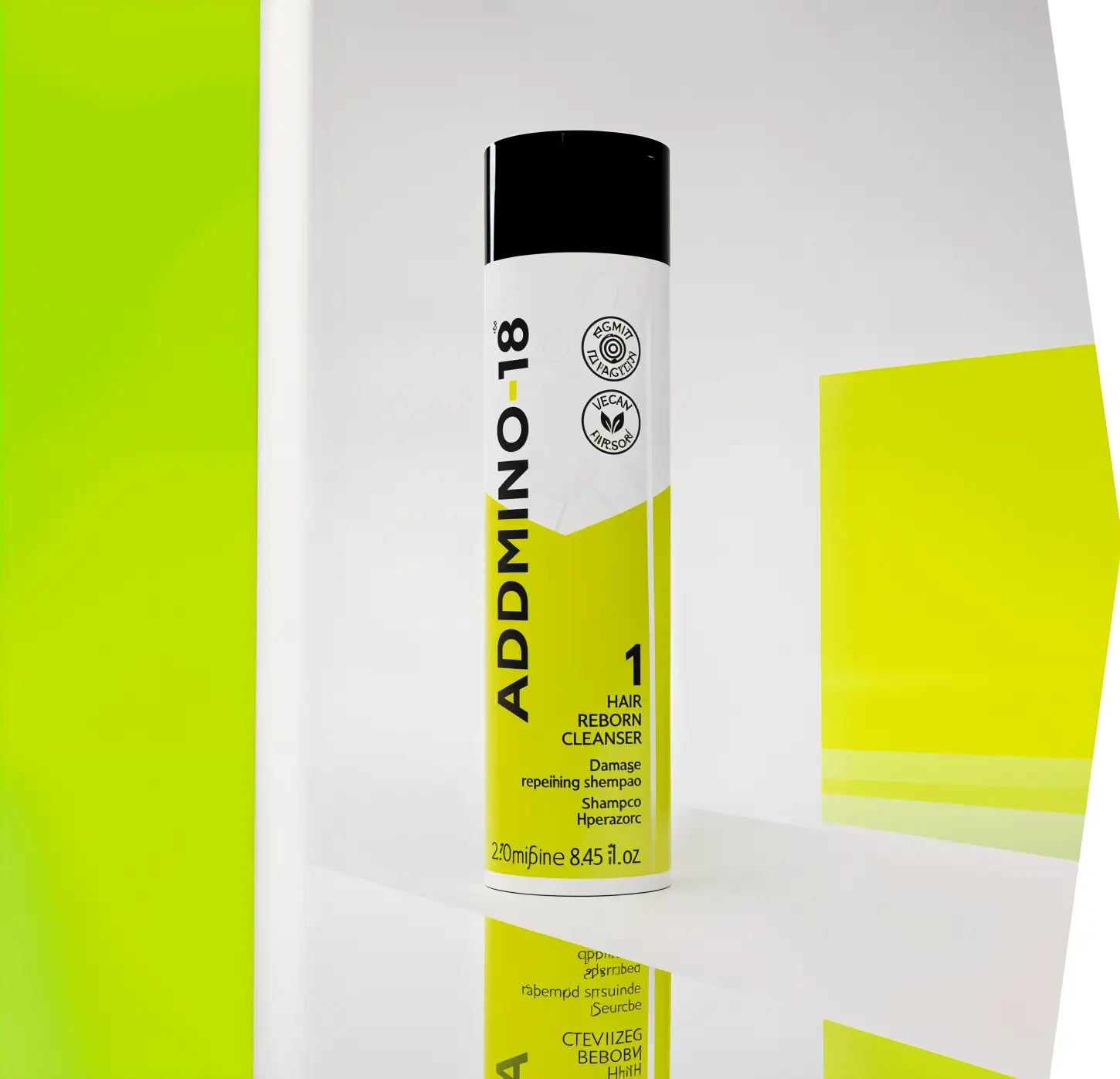 Bottle of Addmino 18 hair product with yellow and white design.