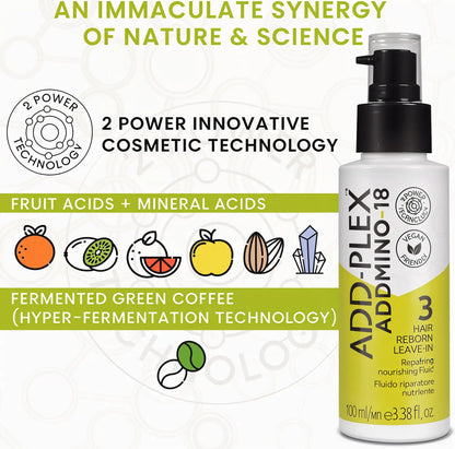 Bottle of Adplex Amino+ cosmetic product featuring fruit and mineral acids and fermented green coffee technology.