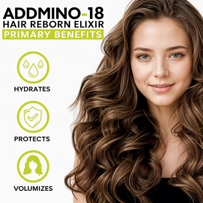 Advertisement for Addmino 18 hair reborn elixir featuring a woman with long, wavy brown hair and listing product benefits.