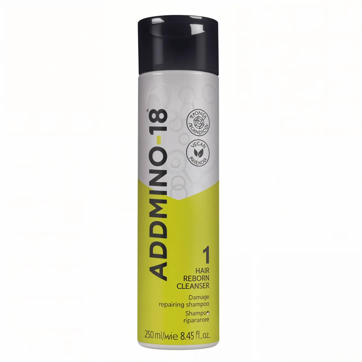 Bottle of Admino 18 hair removal cleanser with yellow and gray design.