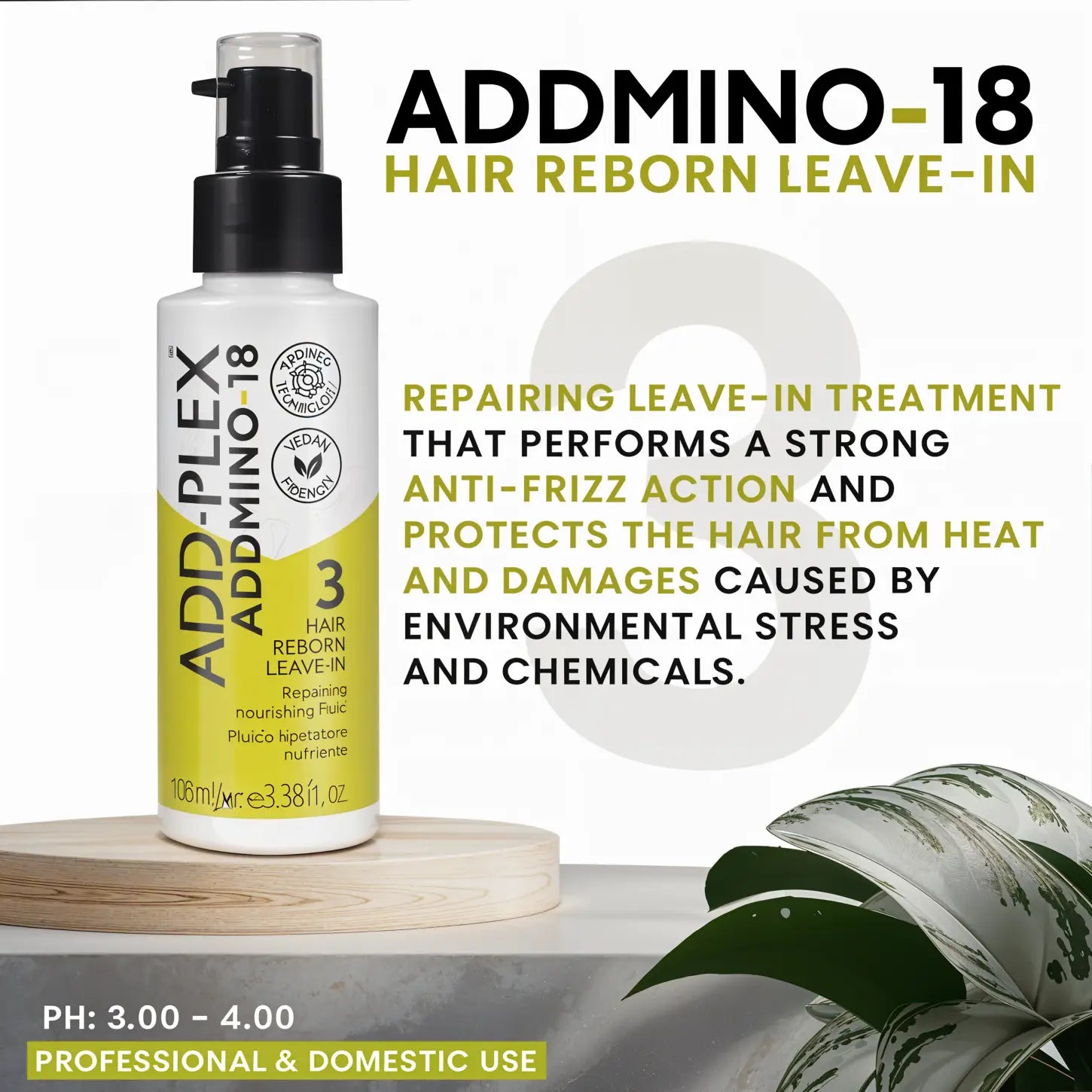 Hair care product bottle labeled ’ADDMINO-18 Hair Reborn Leave-In’ with product details and benefits listed.