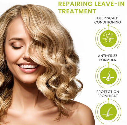 Smiling woman with wavy blonde hair alongside hair treatment benefits infographic.