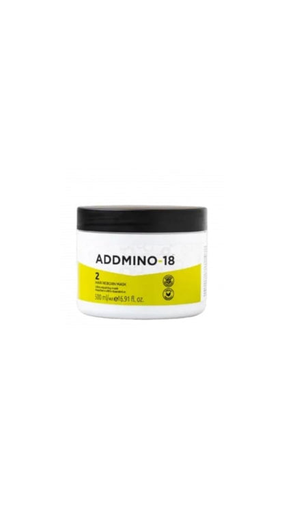 White container with black lid labeled ’ADDMINO 18’ for Addmino 18 Hair Reborn Mask 500ml