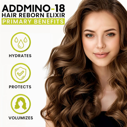 Advertisement for Addmino 18 hair reborn elixir showing its three primary benefits: hydrates, protects, and volumizes.