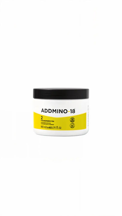 White jar with black lid and yellow label displaying ’ADDMINO 18’’ text.