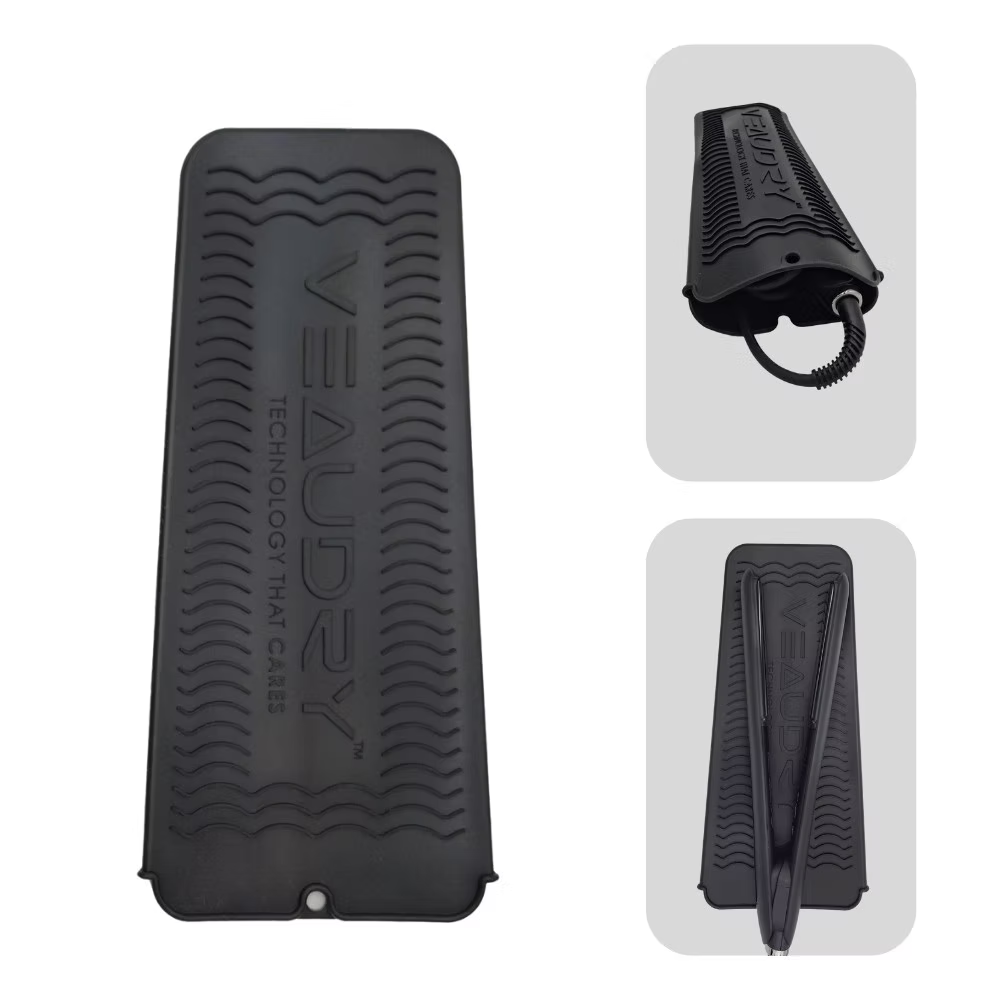 Veaudry Heat Mat Pouch in black displayed flat and folded, showcasing its dual function as a heat mat and travel pouch.