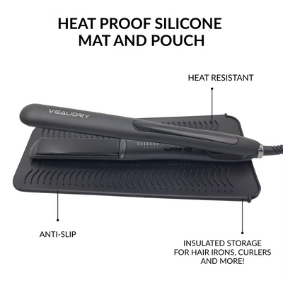Veaudry Heat Mat & Pouch: Heat Resistant Silicone Mat for Hair Styling Tools Storage & Protection, Anti-Slip Design