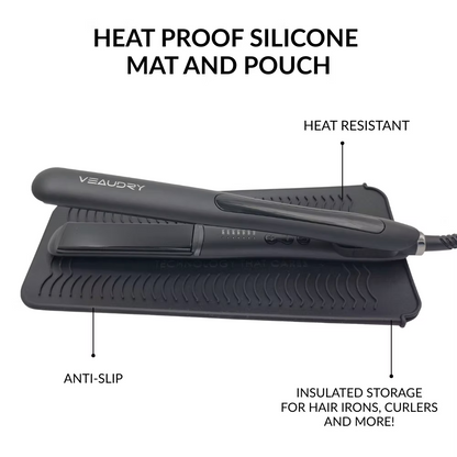 Veaudry Heat Mat & Pouch: Heat Resistant Silicone Mat for Hair Styling Tools Storage & Protection, Anti-Slip Design