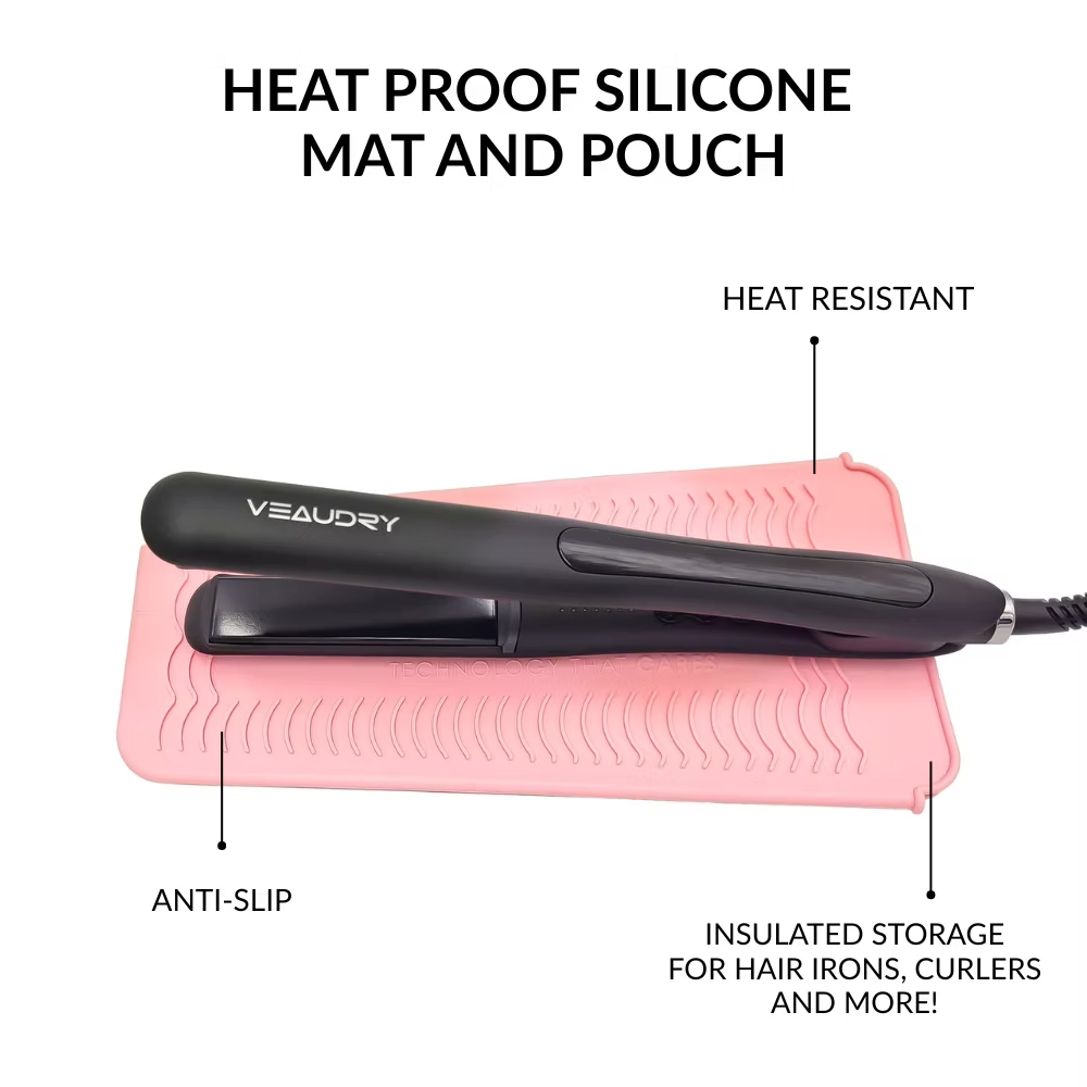Veaudry Heat Mat & Pouch - Heat-Proof Travel Pouch in pink, labeled features include heat resistance, anti-slip grip, and insulated tool storage.