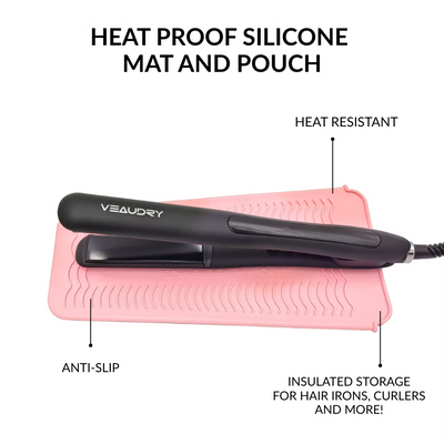 Veaudry Heat Resistant Mat & Pouch: Silicone Hair Styling Tool Mat, Travel Pouch, Heatproof, Anti-Slip. Pink Color.