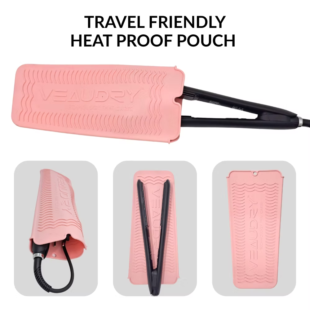 Veaudry Heat Mat & Pouch - Heat-Proof Travel Pouch in pink, demonstrated as a travel-friendly silicone case for hot hair tools like straighteners.