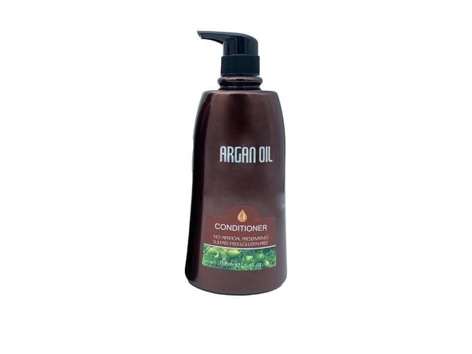 Brown bottle of argan oil conditioner for damaged, dry porous hair, 350ml with pump dispenser