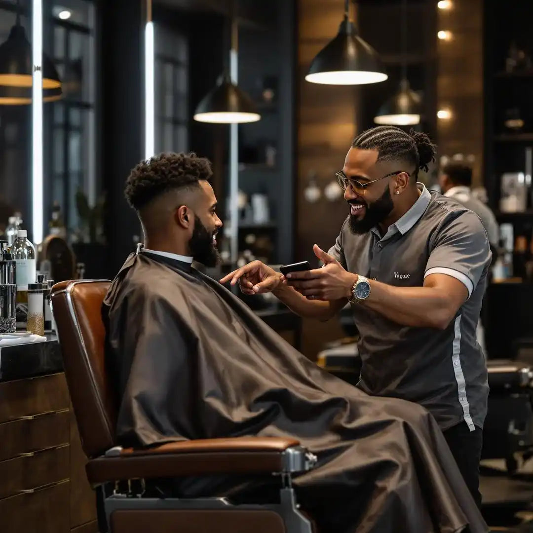 A barber providing a haircut service to a client in a traditional leather chair.