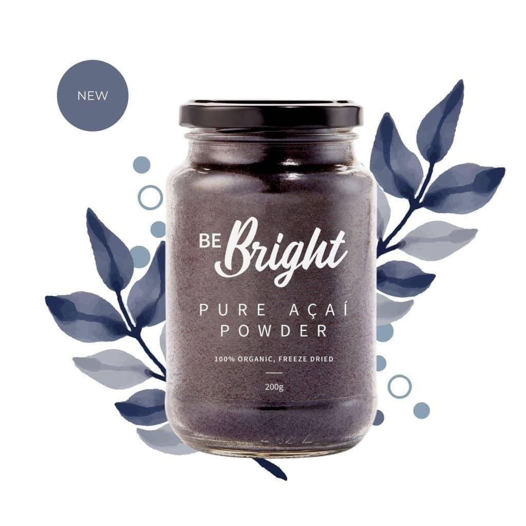 Be Bright Antioxidant Acai Powder 200g jar with leaves around it