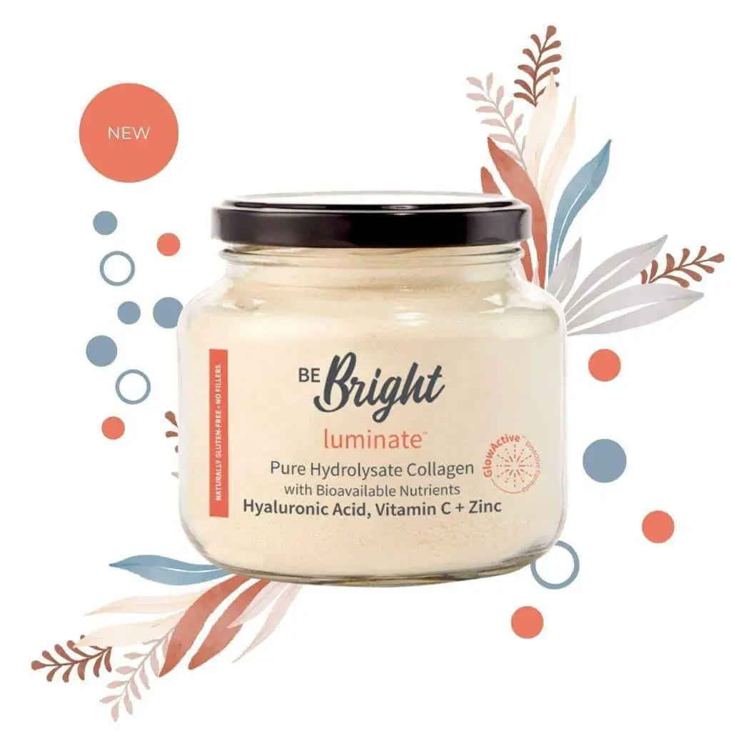 Close-up of Be Bright Luminate Collagen Powder Jar 280g with floral design for radiant skin