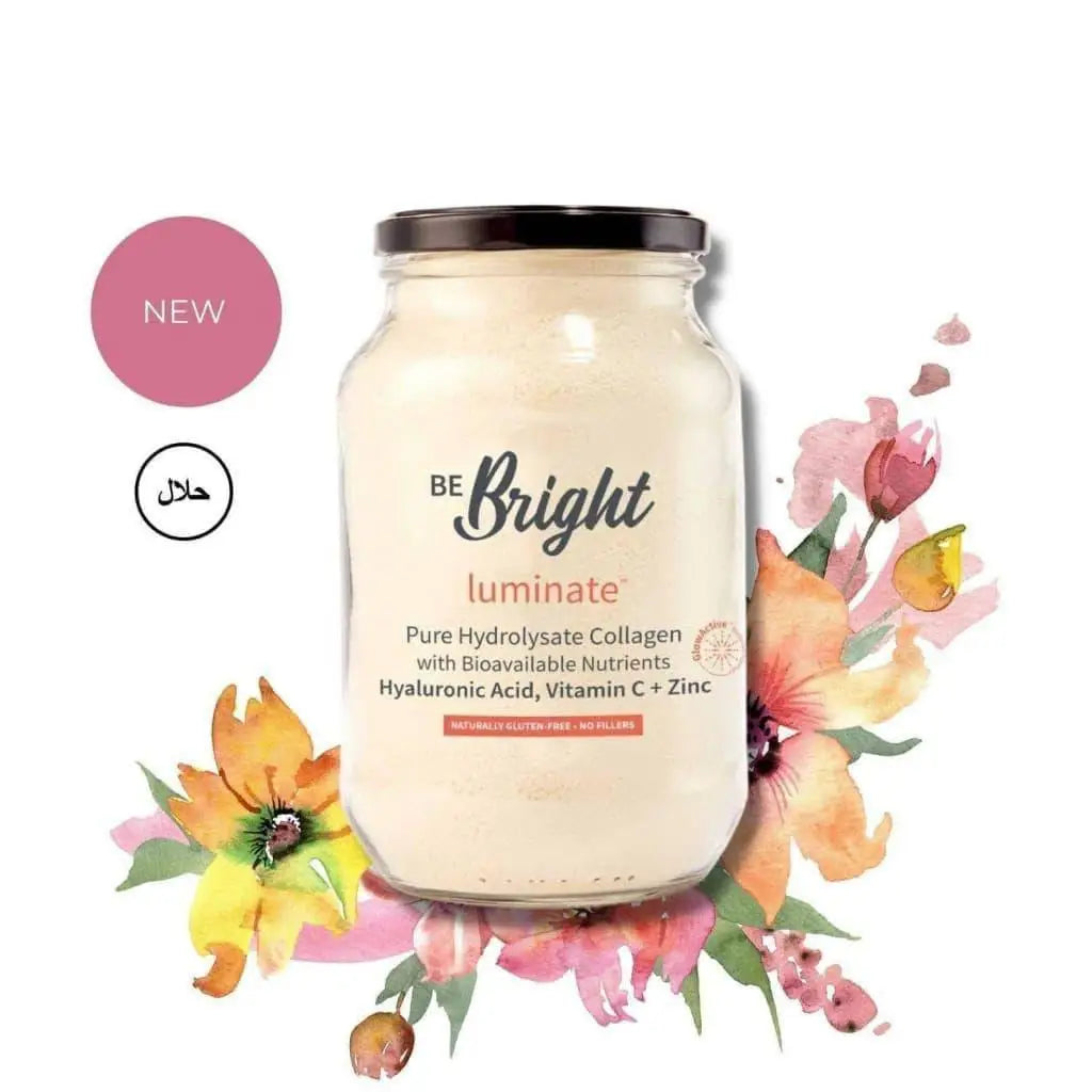 Be Bright Luminate Collagen Powder Jar 500g with flowers for enhanced beauty and health