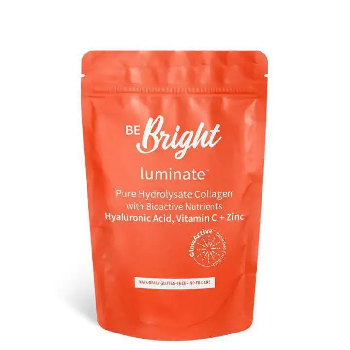 Close-up of Be Bright Luminate Collagen Powder Refill 350g on a white background