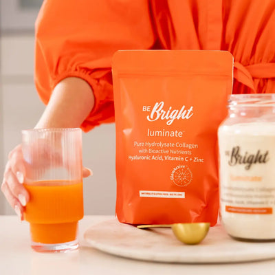 Be Bright Luminate Collagen: Hydration, Nutrients, Youthful Skin. Collagen powder for glowing skin and gut health.