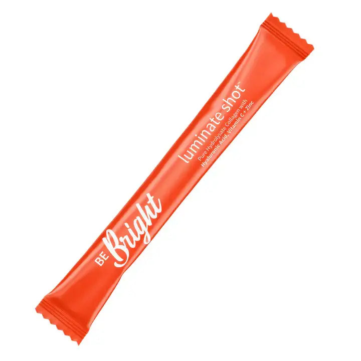 Orange sugar packet for Be Bright Luminate Collagen Powder Shot 10g in wrapper