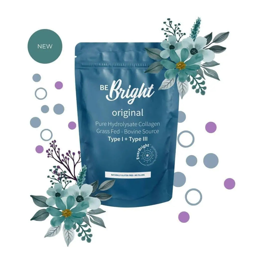 Bright Original Collagen Powder Pouch 300g in blue bag with flowers and leaves