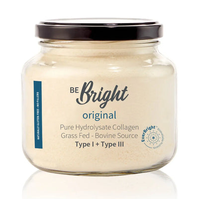 Be Bright Original Pure Collagen Powder 180g in a clear jar, featuring grass-fed hydrolysed collagen for healthy skin.