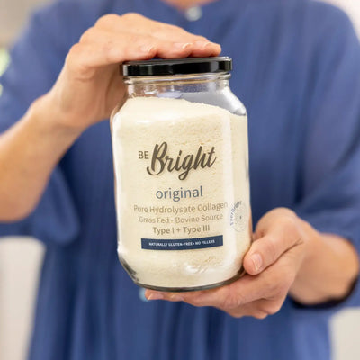 Be Bright Original Collagen Powder 350g in a glass jar, showcasing premium grass-fed hydrolysed collagen.