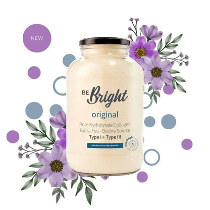 A 700g jar of Be Bright Original Pure Collagen Powder with purple flowers