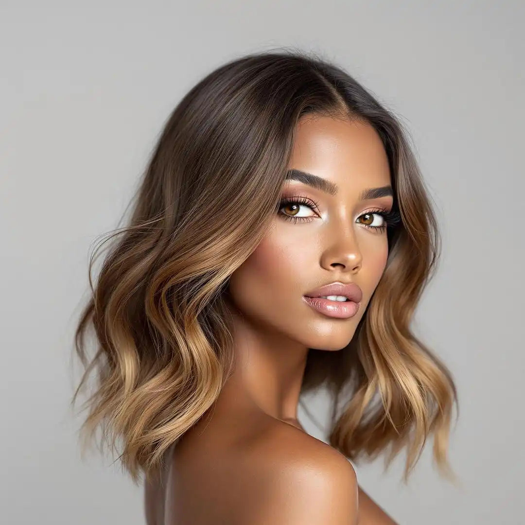 Beautiful portrait showcasing wavy caramel-highlighted hair and flawless makeup.