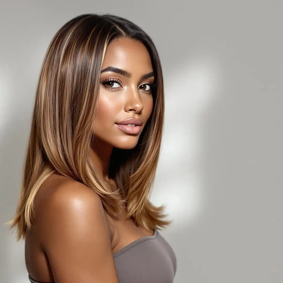 Beautiful shoulder-length caramel balayage hair styled in sleek layers.