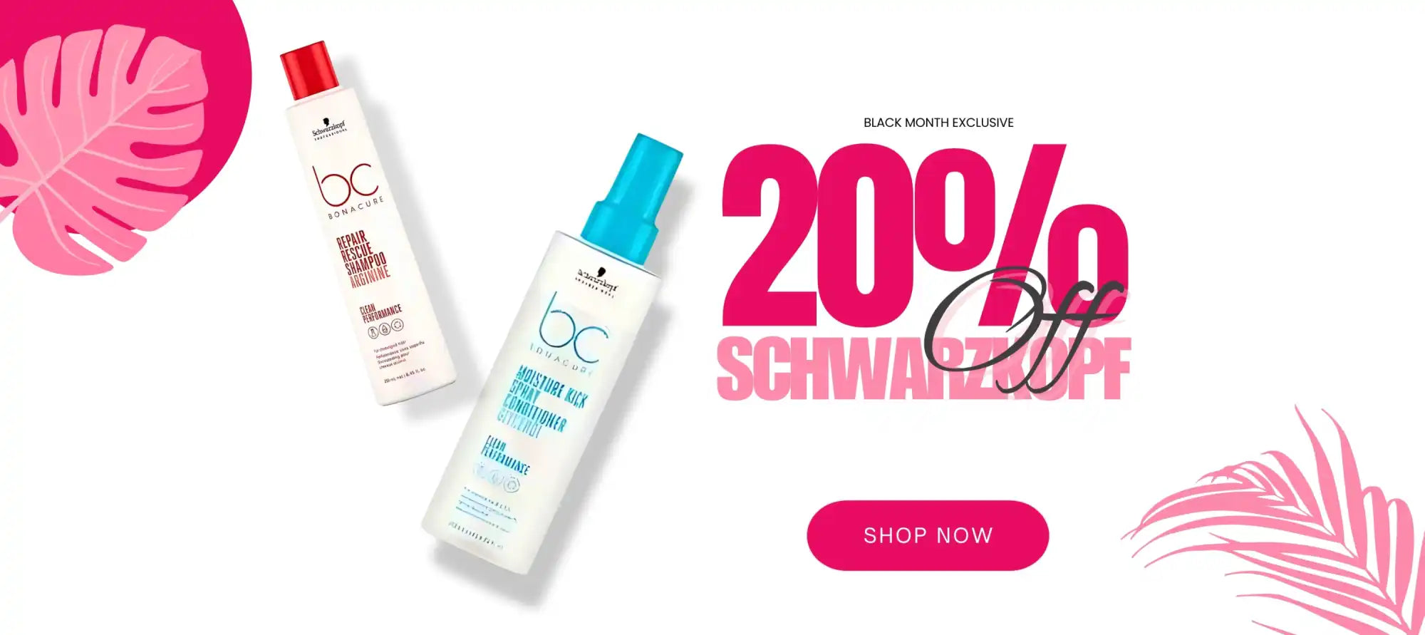 Beauty product advertisement showing skincare bottles with a 20% off promotional offer.