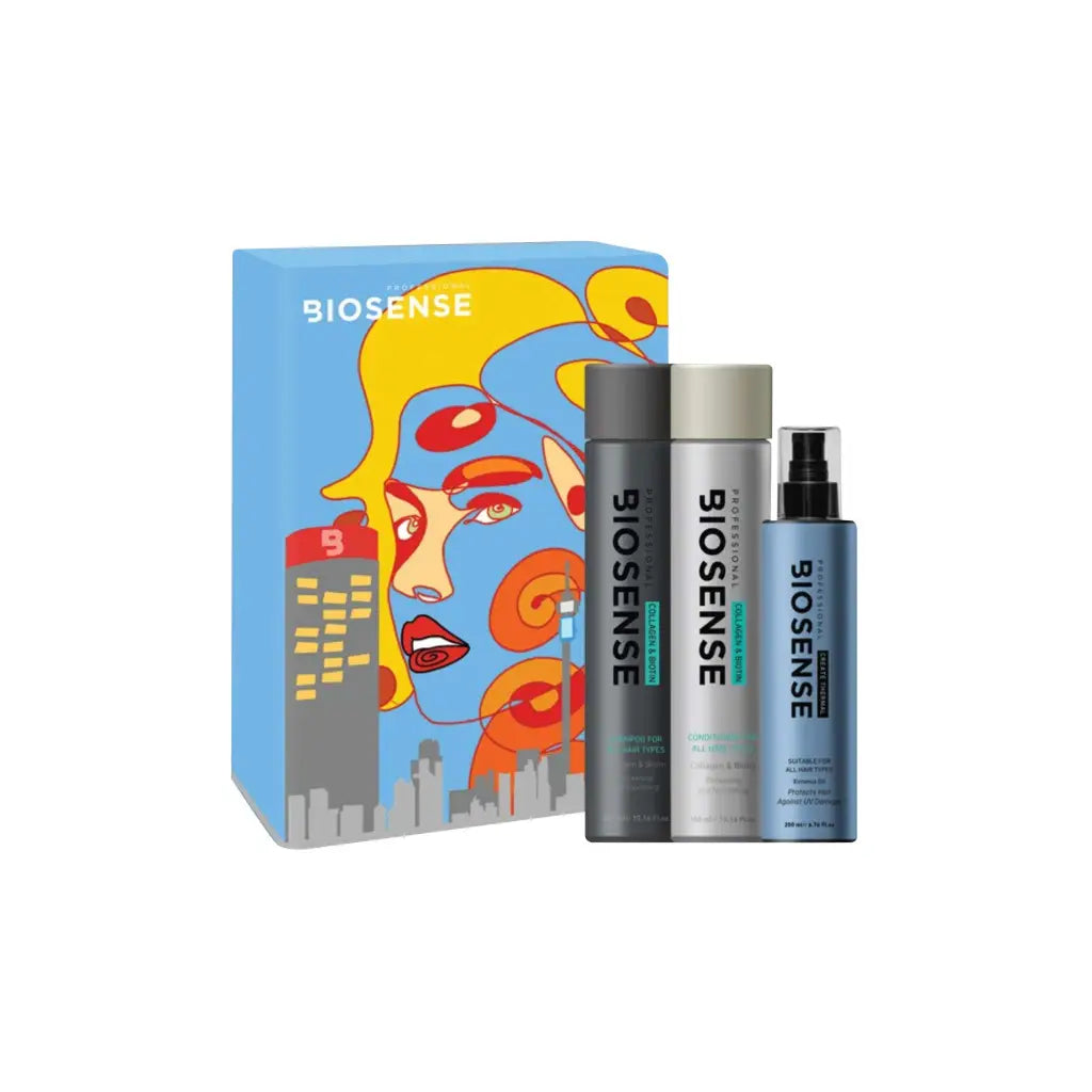 Biosense hair care product set with colorful artistic packaging featuring abstract facial artwork.