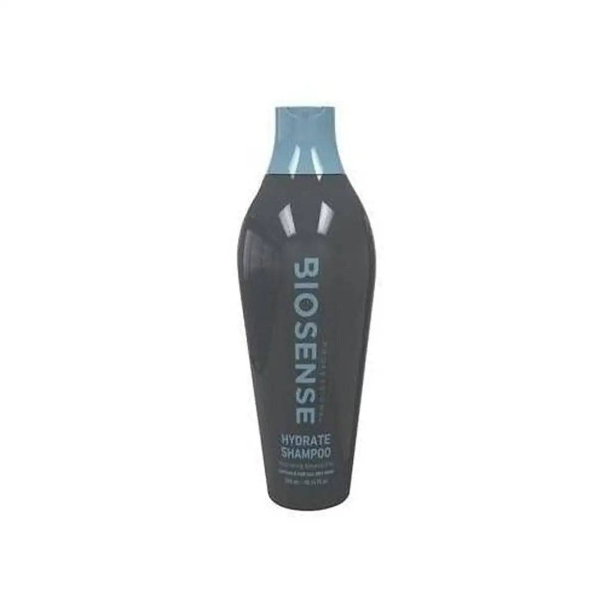 Bottle of Biosense Hydrate Shampoo 300Ml Sulfate Free with dark gray body and light blue cap