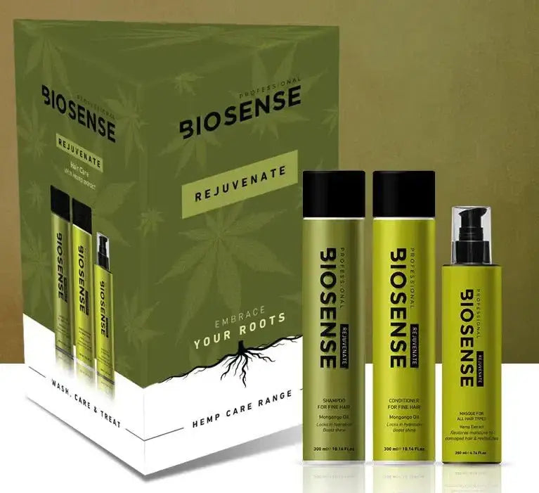 Close up of Biosense Rejuvenate Gift Set with free 200ml rejuvenate mask in a box of bottles