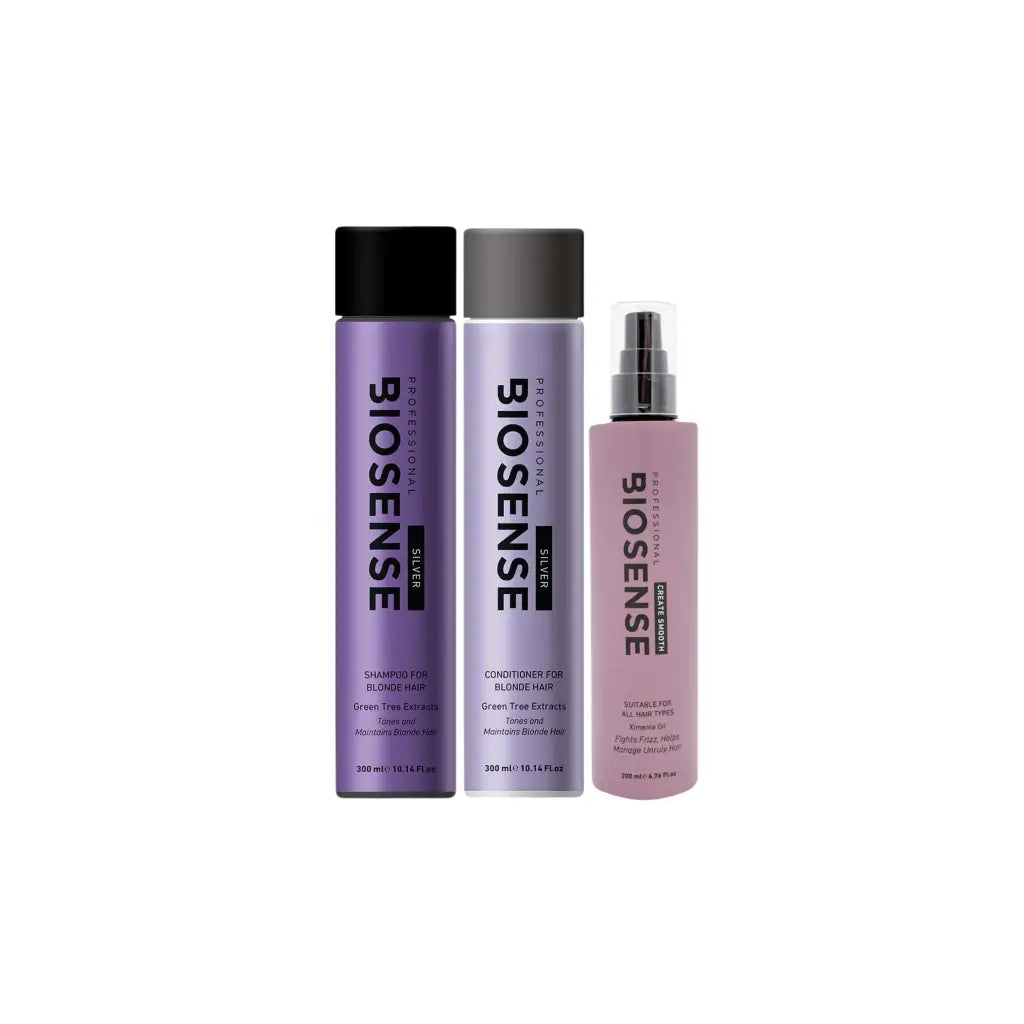 Three purple hair care product bottles from the brand 5SENSE.