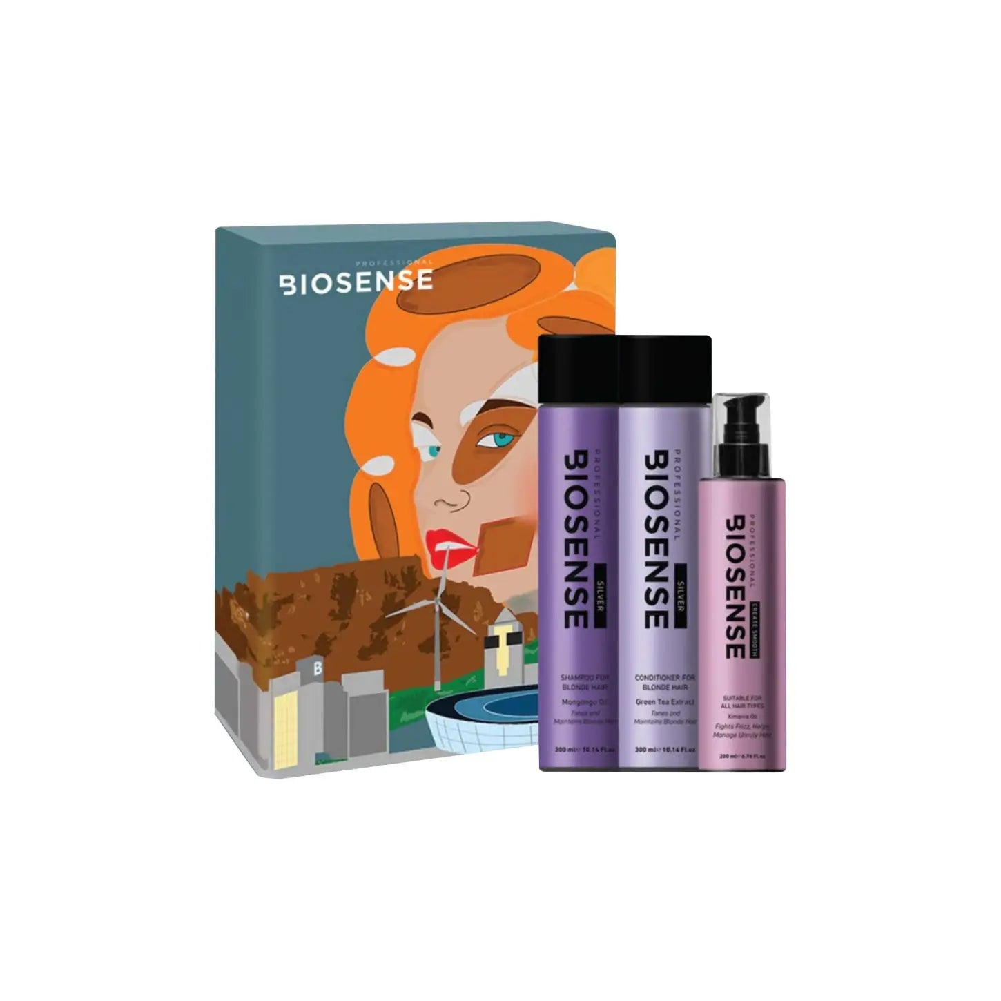 Hair care product set from the brand Biosense, featuring a colorful box and three purple bottles.