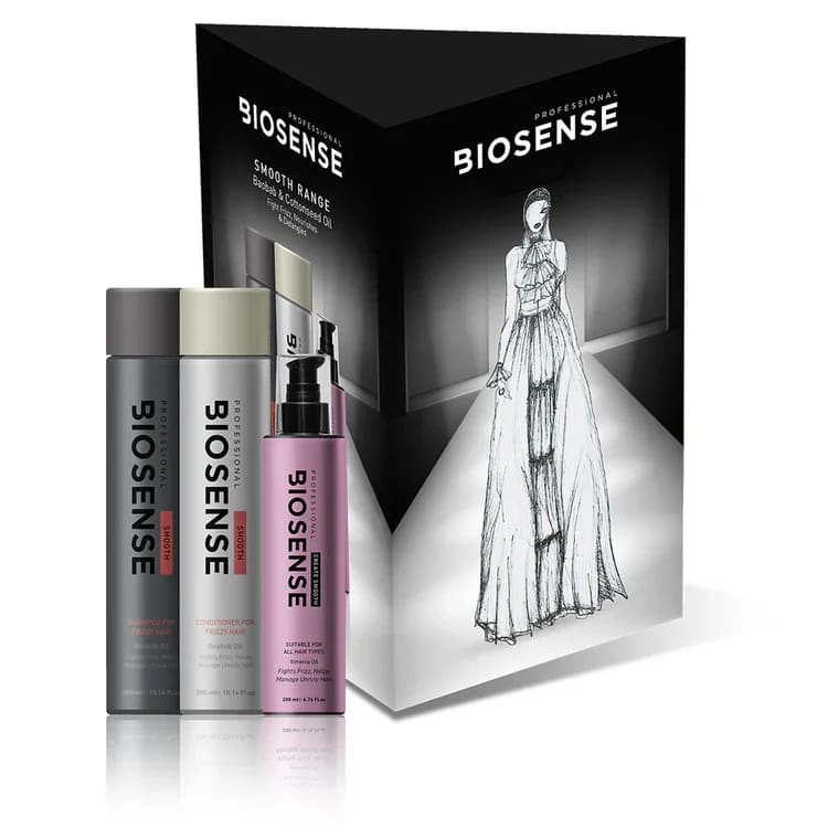 Product packaging for Biosense hair care products featuring bottles and a box with a fashion sketch.